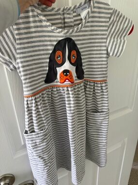 Striped Gray & White Kids Dress with Smokey Applique and Orange Trim